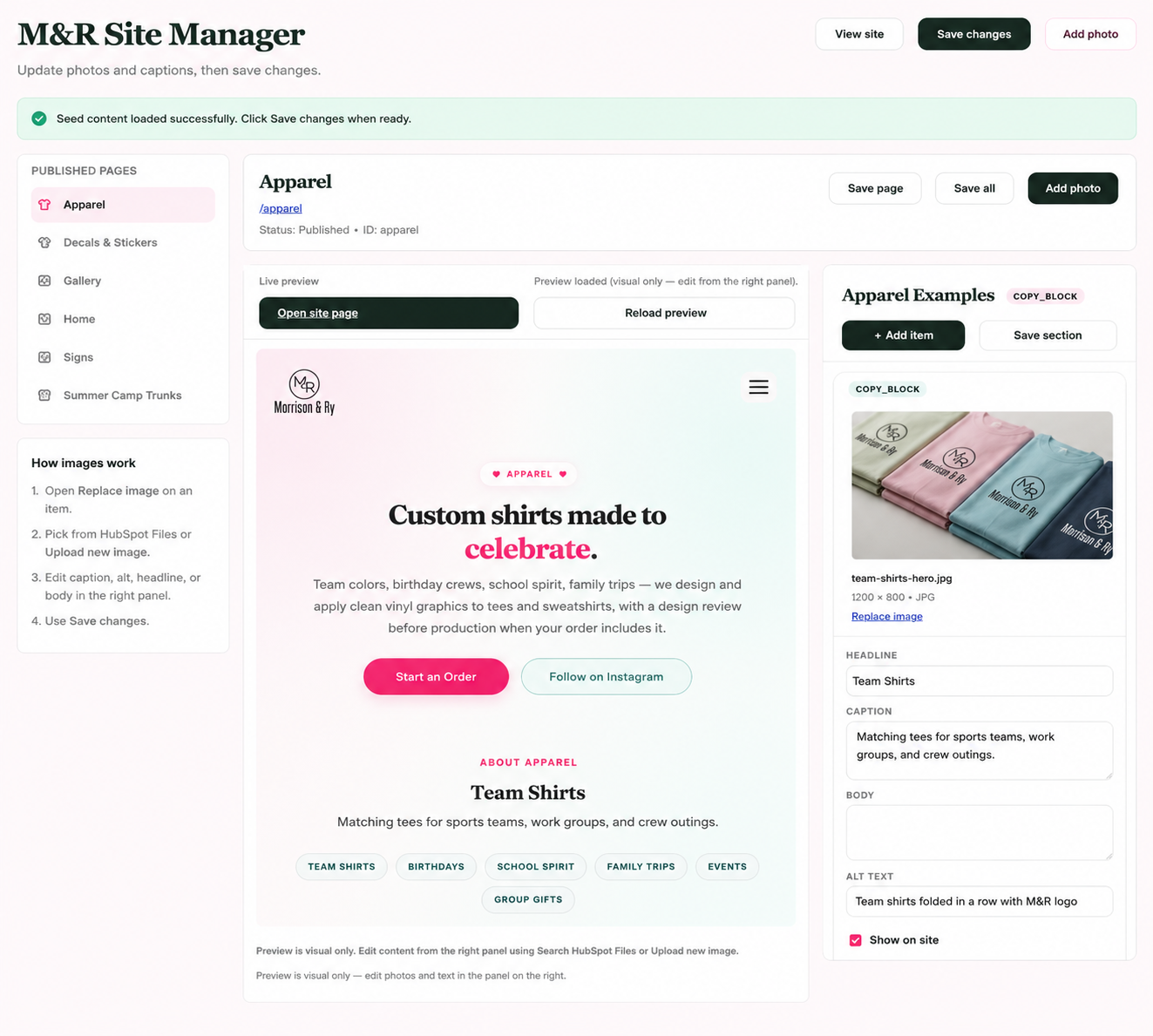 M and R Site Manager interface