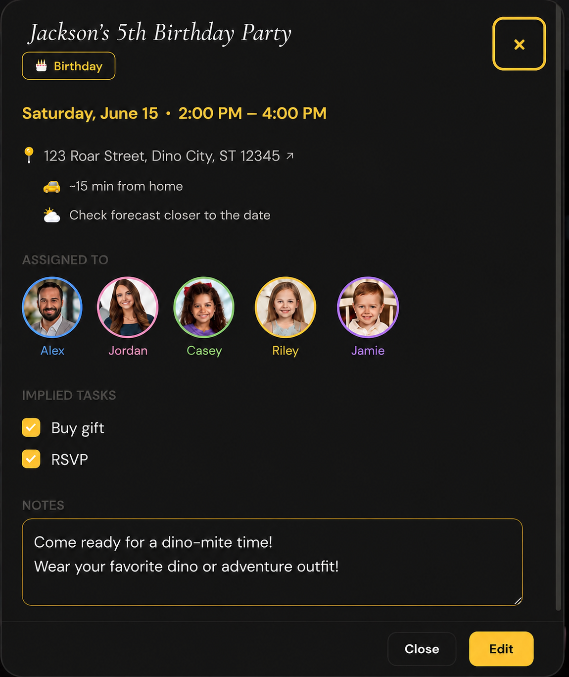 FamilyOS calendar event creation