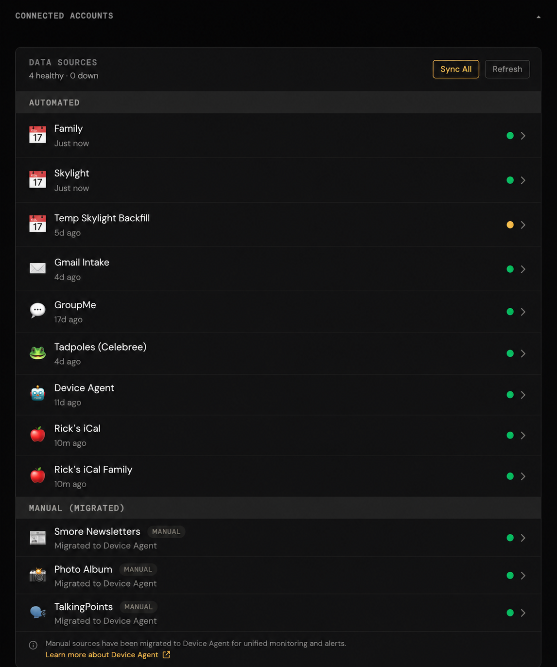 FamilyOS sync settings — what is connected