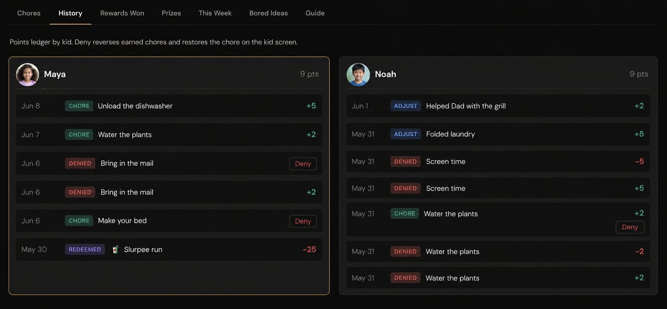 KidOS chores history